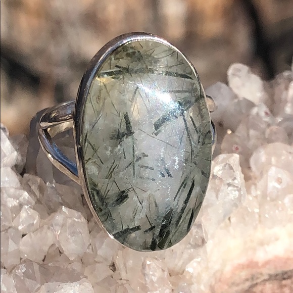 BOUTIQUE GREEN RUTILE IN QUARTZ 925 SILVER RING 7 - Picture 6 of 12